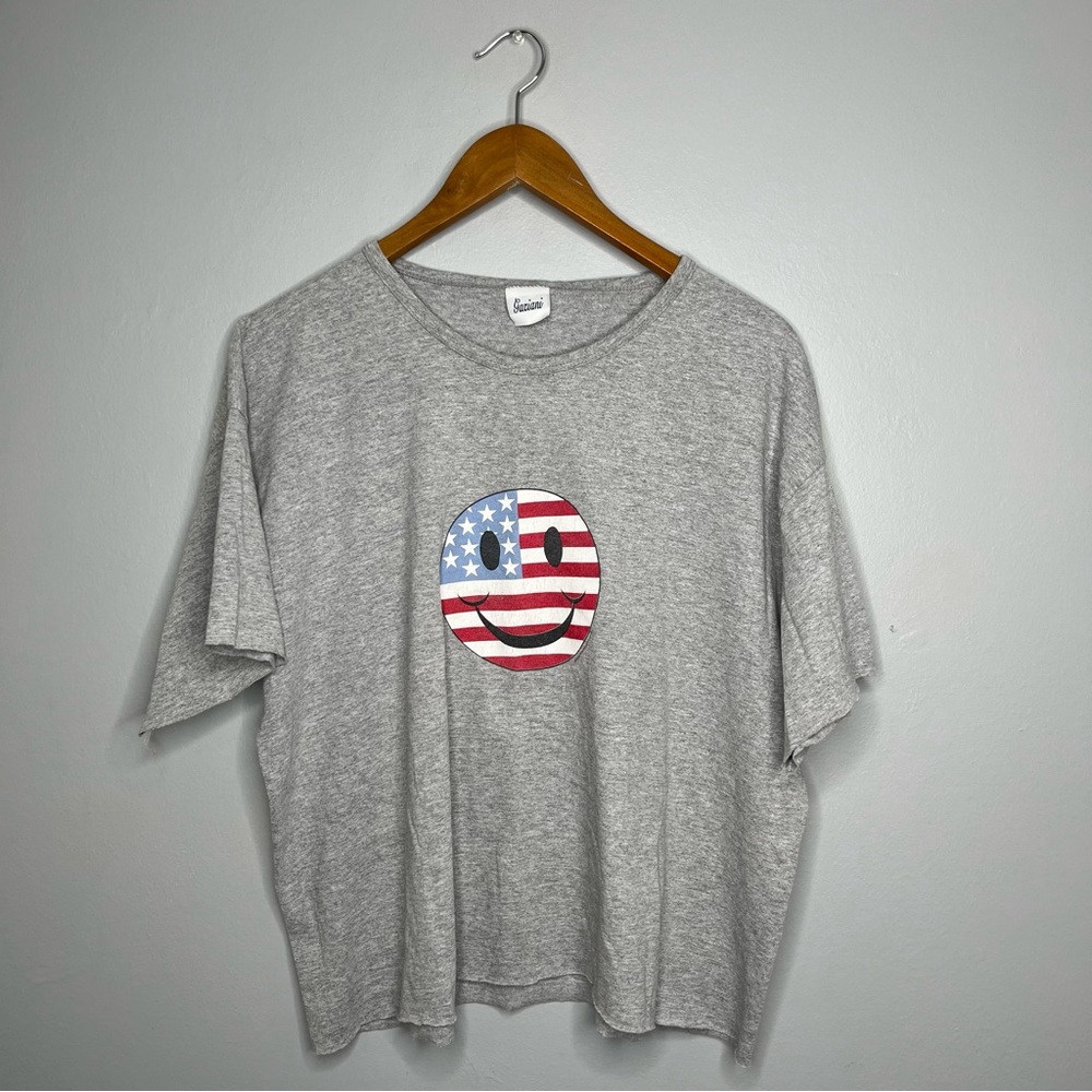 Vintage 90s USA American Flag Smiley Face Boxy Fit Graphic Cropped Cut Off Tee B - Picture 1 of 9